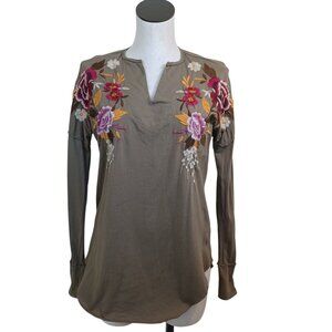 Johnny Was Tee Shirt Long Sleeve Embroidered V Neck Popover Womens XS